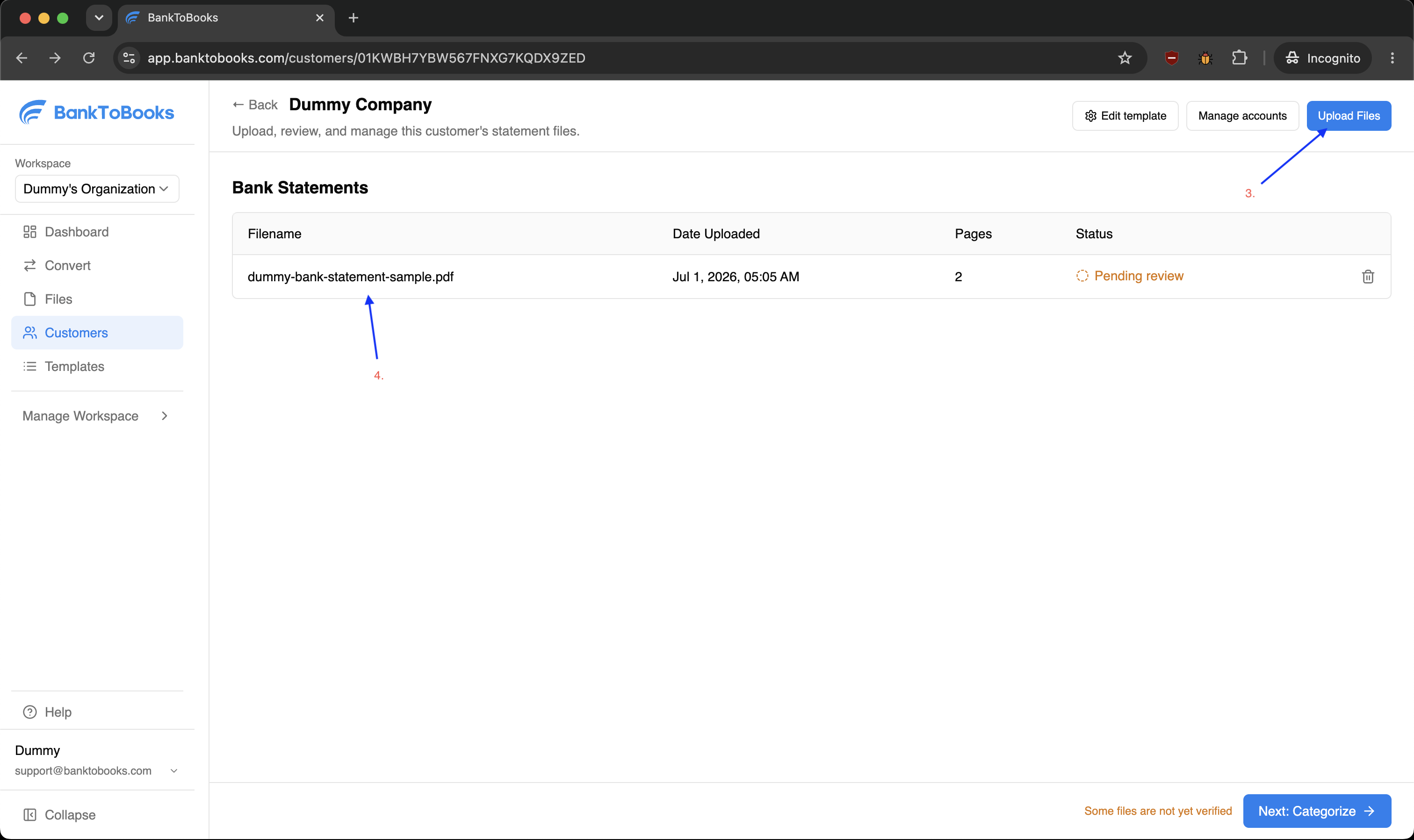 Customer page with the Upload Files button highlighted.